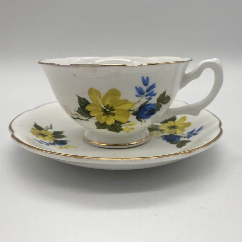 Royal Grafton Bone Chine Blue & Yellow Floral  Tea Cup Saucer Set